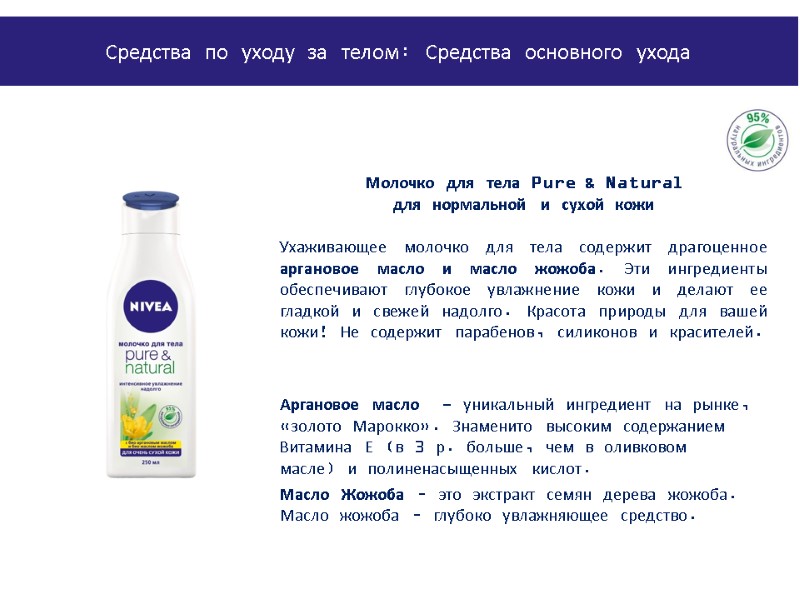 Молочко для тела Pure & Natural  для нормальной и сухой кожи  